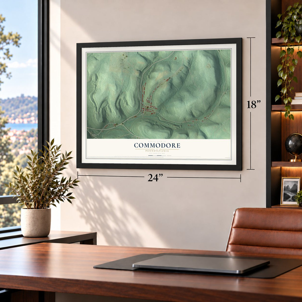 Commodore, Pennsylvania map, 18 x 24 inch print in a black frame in a home office