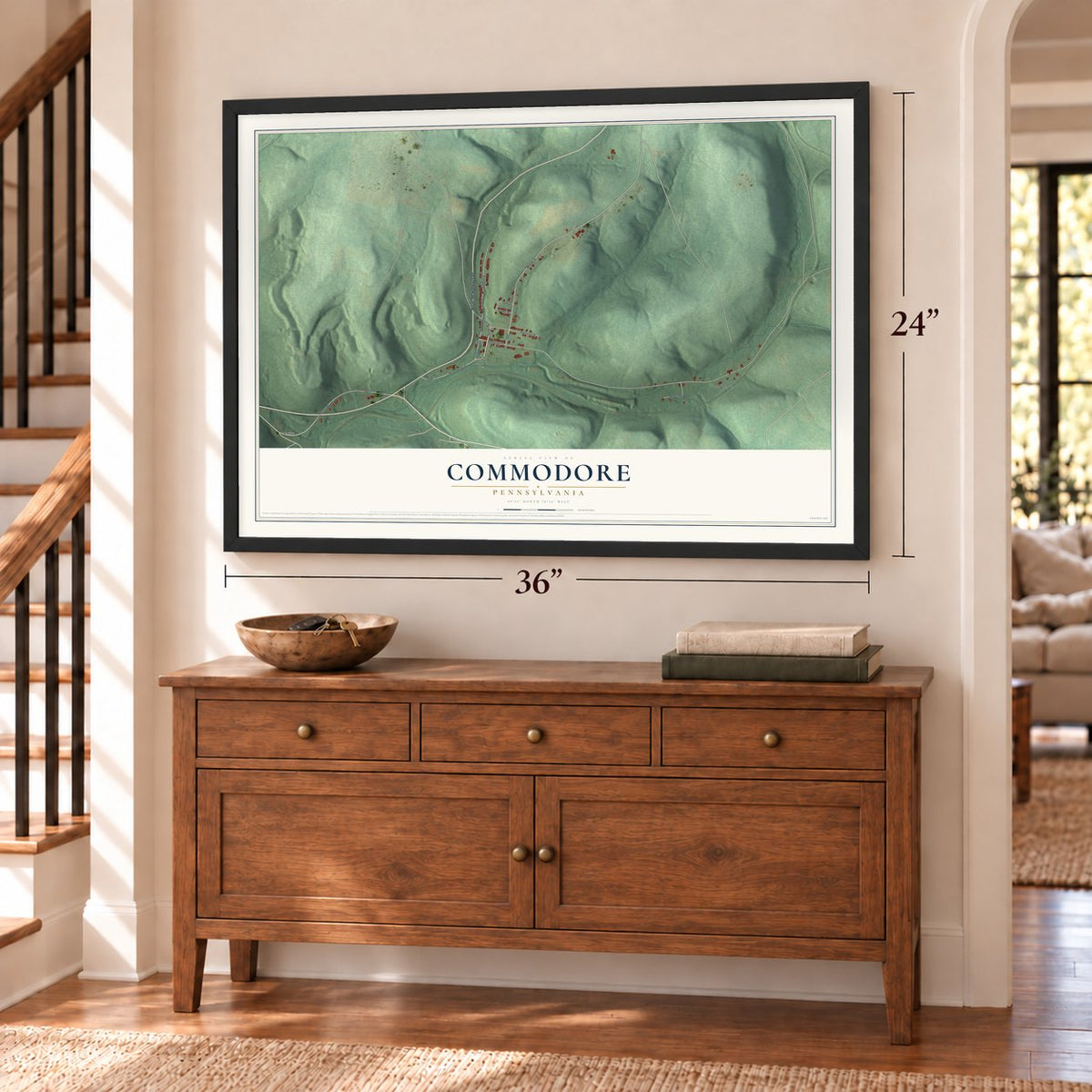 Commodore, Pennsylvania map, 24 x 36 inch print in a black frame above a dresser by a staircase