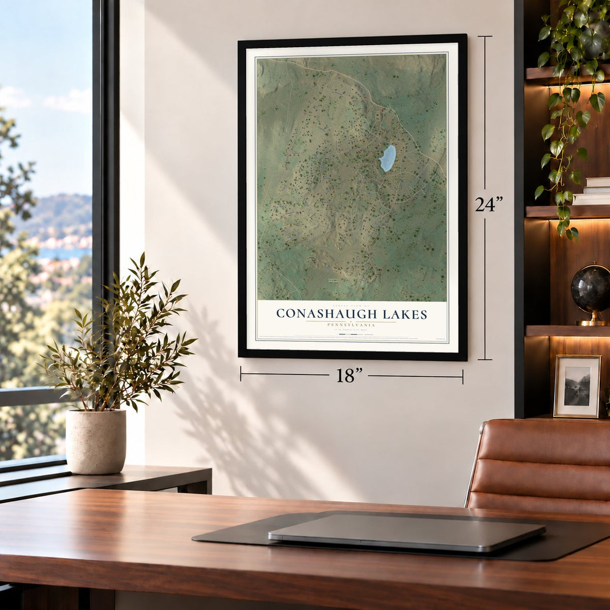Conashaugh Lakes, Pennsylvania map, 18 x 24 inch print in a black frame in a home office