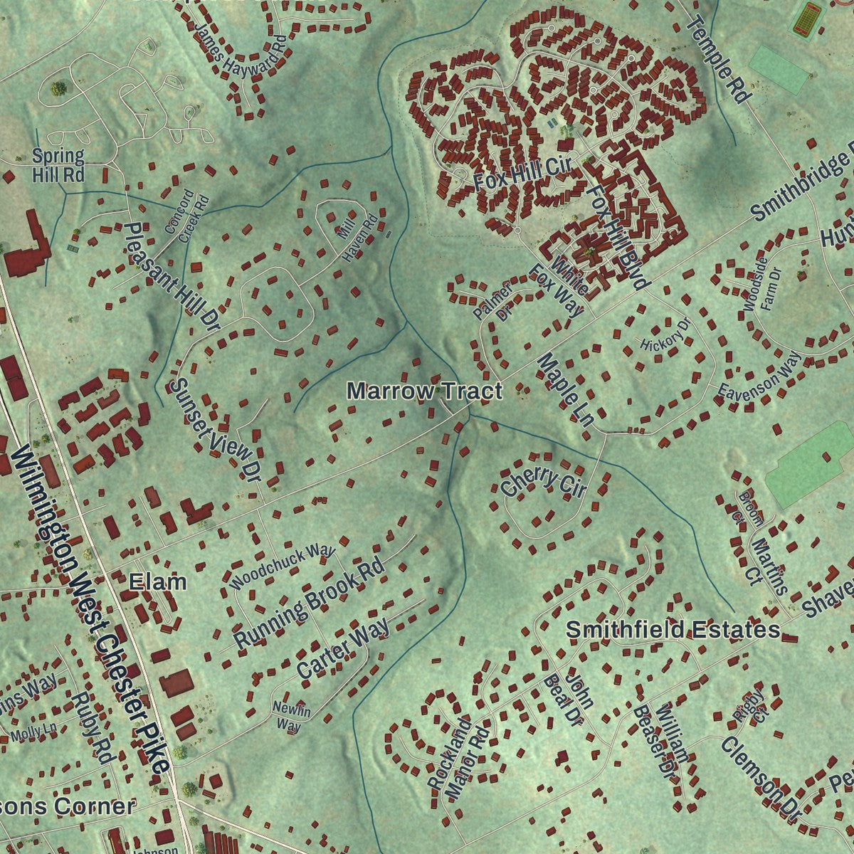 Close-up of the map of Concord, Delaware County, Pennsylvania print showing street and building detail