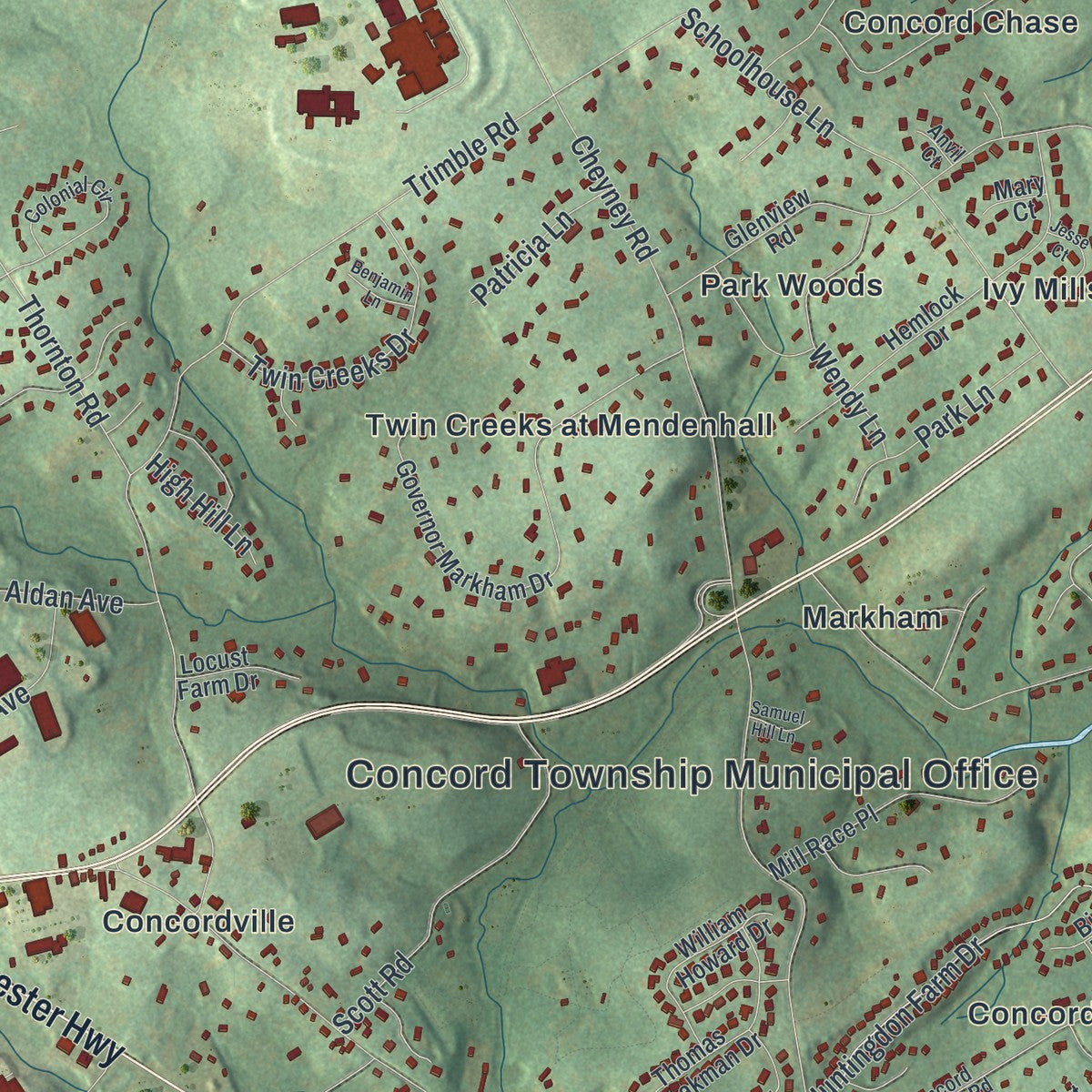 Second close-up of the map of Concord, Delaware County, Pennsylvania print showing more streets and buildings