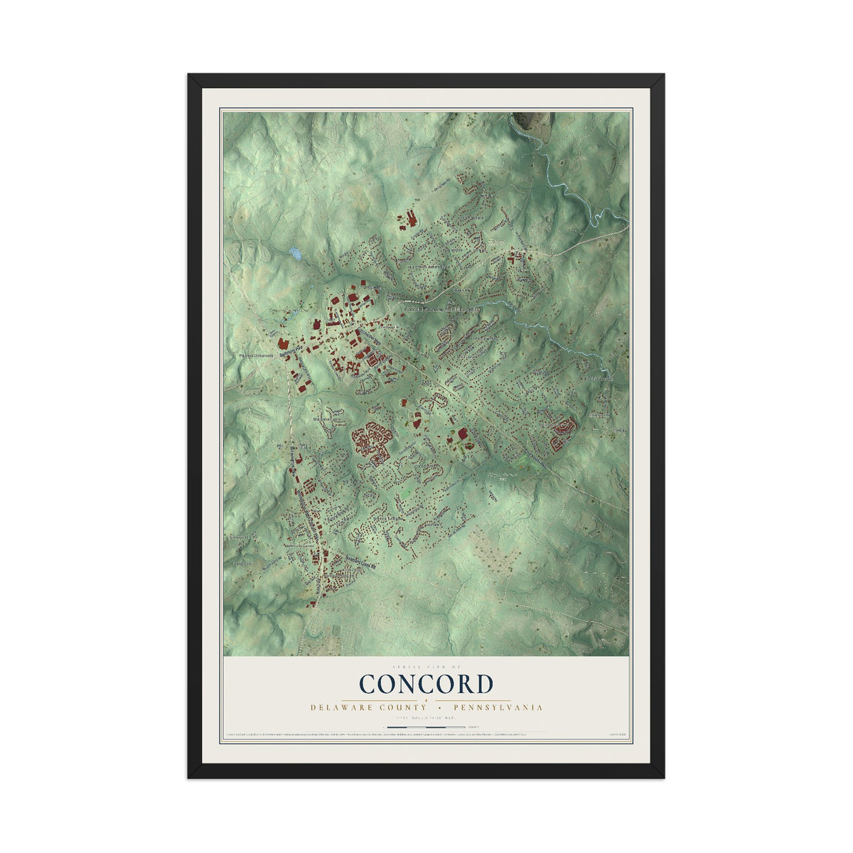 Map of Concord, Delaware County, Pennsylvania, 12 x 18 inch print in a black wood frame