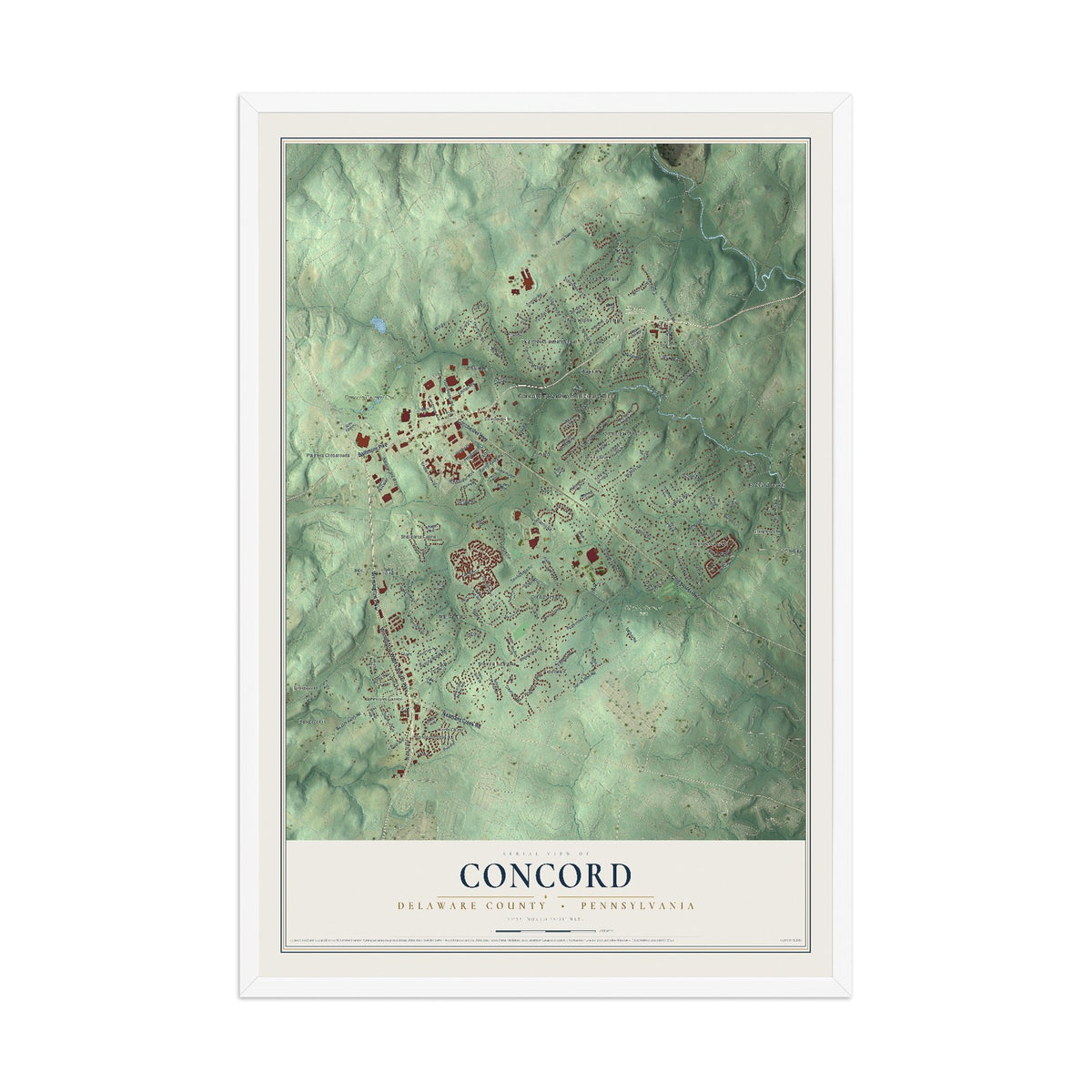 Map of Concord, Delaware County, Pennsylvania, 12 x 18 inch print in a white wood frame