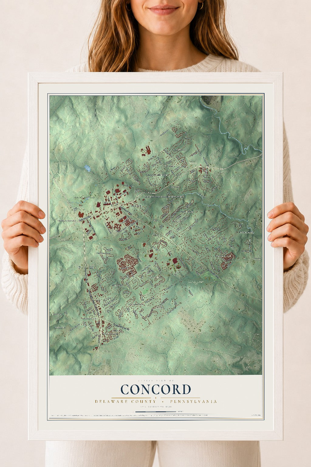 Map of Concord, Delaware County, Pennsylvania, 18 x 24 inch print in a white wood frame