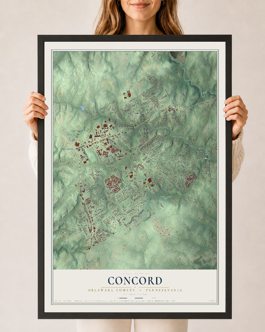 Map of Concord, Delaware County, Pennsylvania, 24 x 36 inch print in a black wood frame