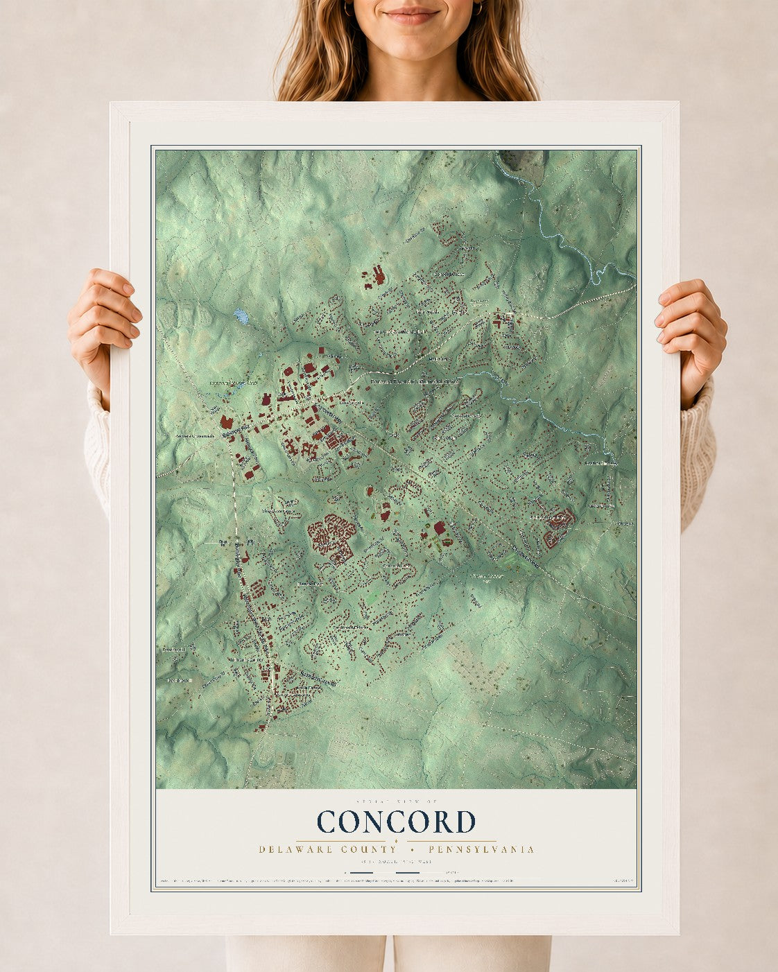 Map of Concord, Delaware County, Pennsylvania, 24 x 36 inch print in a white wood frame