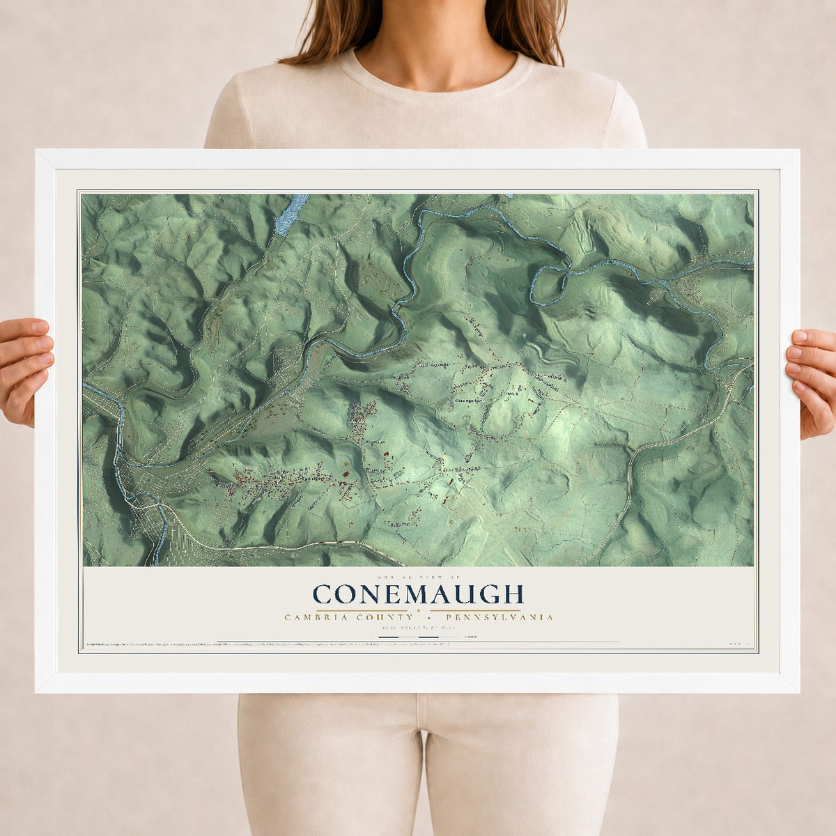 Map of Conemaugh, Cambria County, Pennsylvania, 18 x 24 inch print in a white wood frame