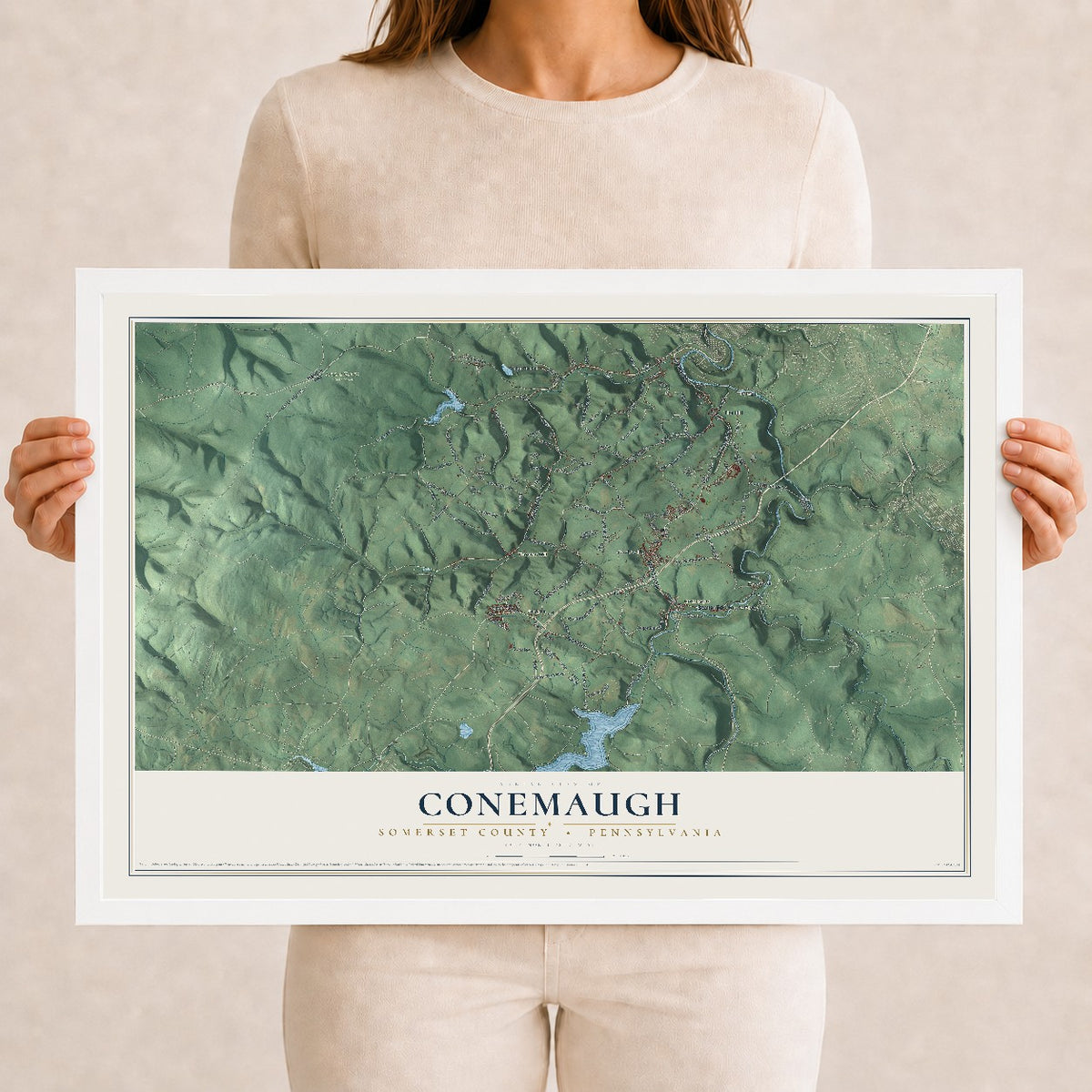 Map of Conemaugh, Somerset County, Pennsylvania, 12 x 18 inch print in a white wood frame