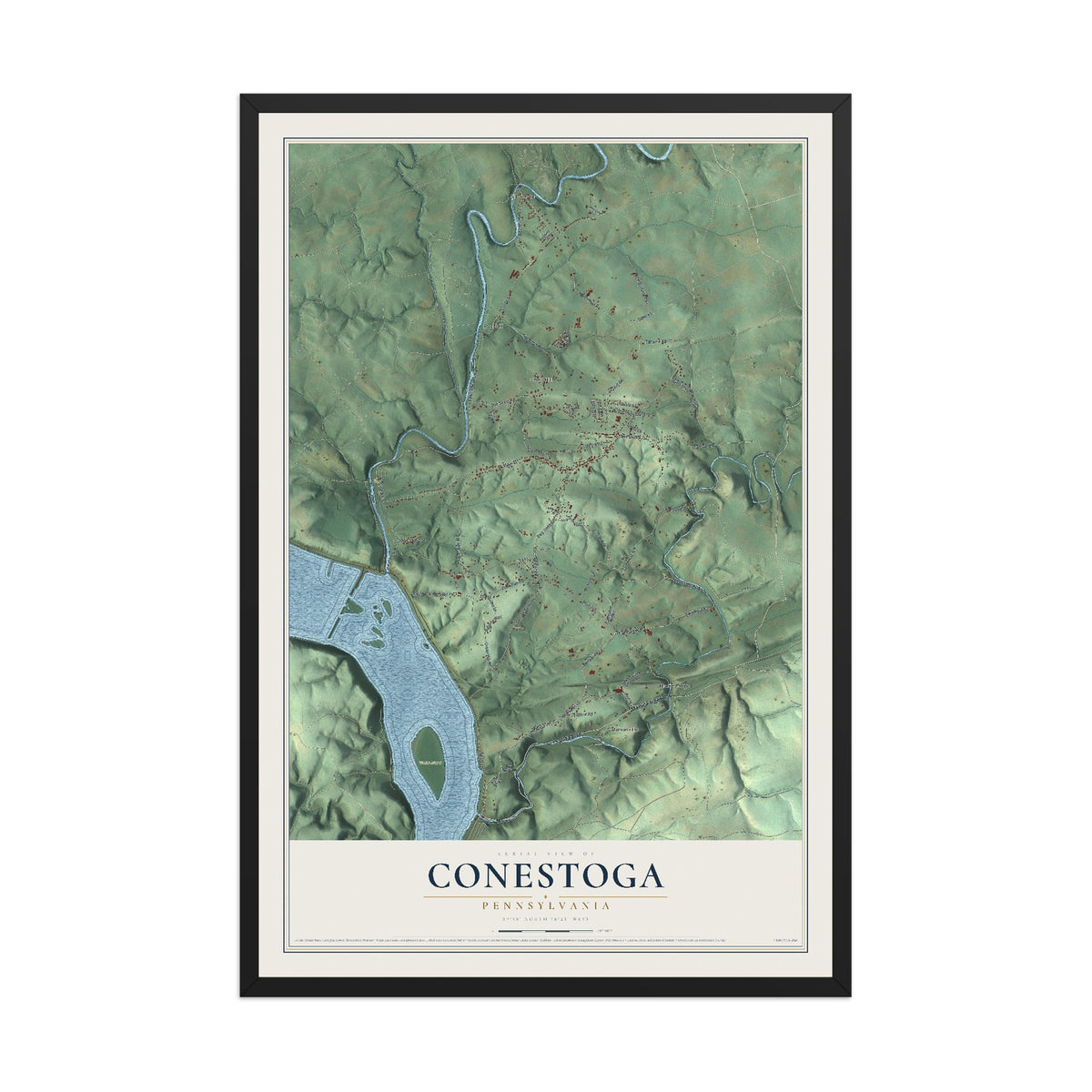 Map of Conestoga, Pennsylvania, 12 x 18 inch print in a black wood frame