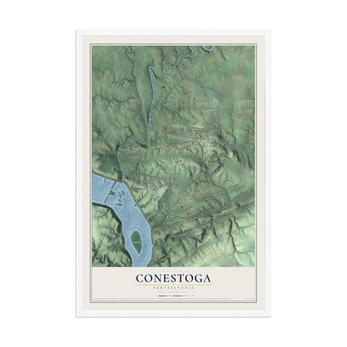 Map of Conestoga, Pennsylvania, 12 x 18 inch print in a white wood frame