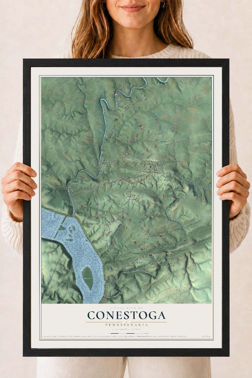 Map of Conestoga, Pennsylvania, 18 x 24 inch print in a black wood frame