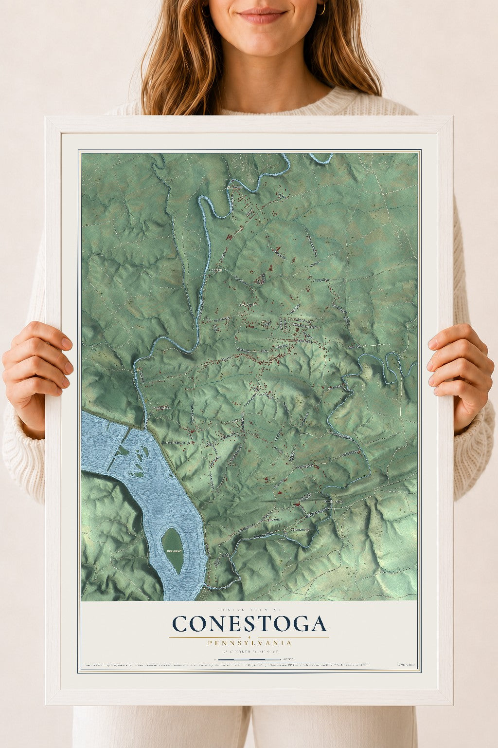 Map of Conestoga, Pennsylvania, 18 x 24 inch print in a white wood frame