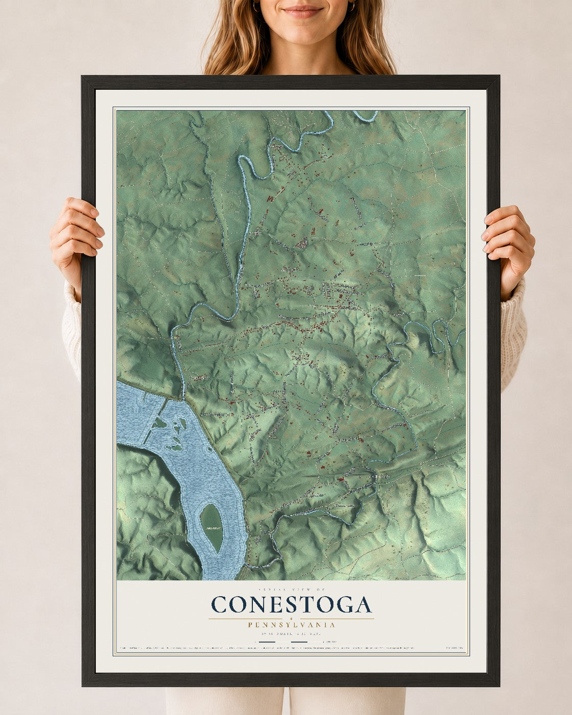 Map of Conestoga, Pennsylvania, 24 x 36 inch print in a black wood frame