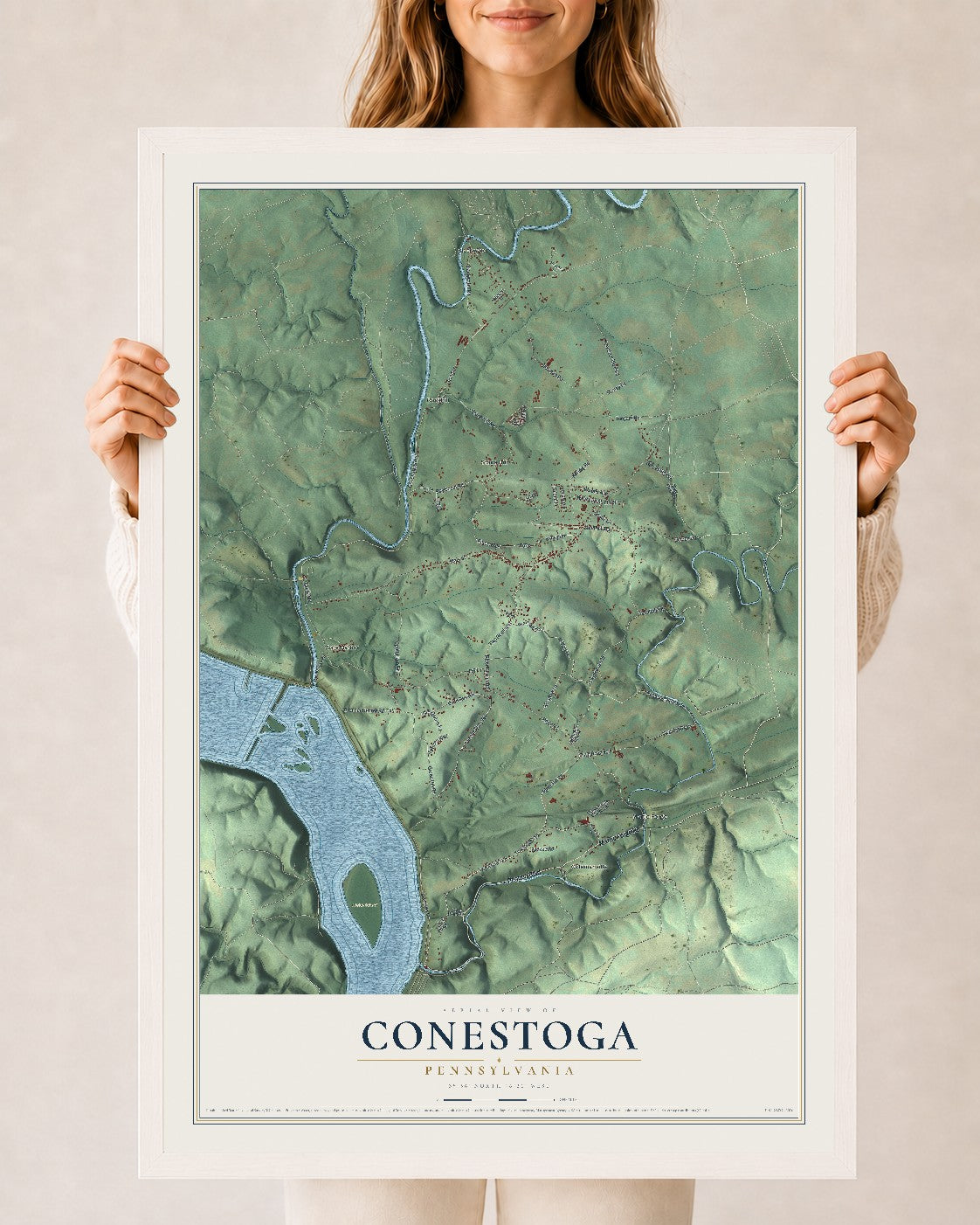 Map of Conestoga, Pennsylvania, 24 x 36 inch print in a white wood frame