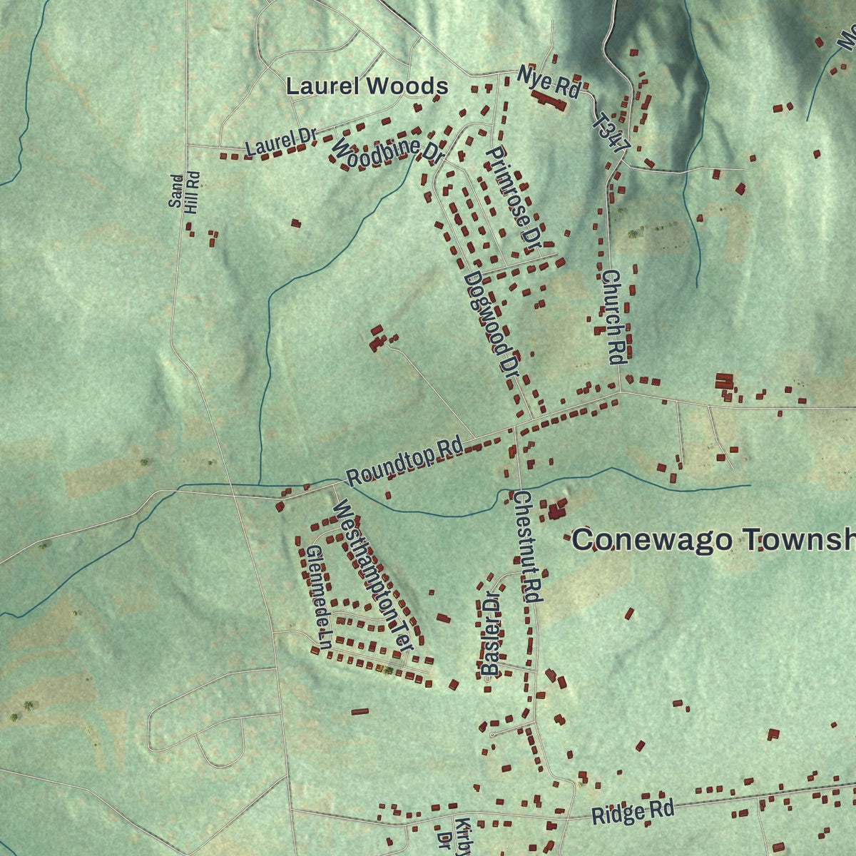 Close-up of the map of Conewago, Dauphin County, Pennsylvania print showing street and building detail