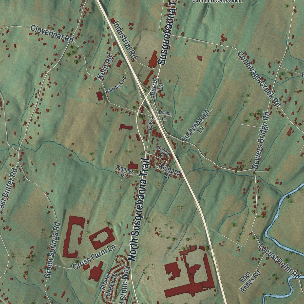 Close-up of the map of Conewago, York County, Pennsylvania print showing street and building detail