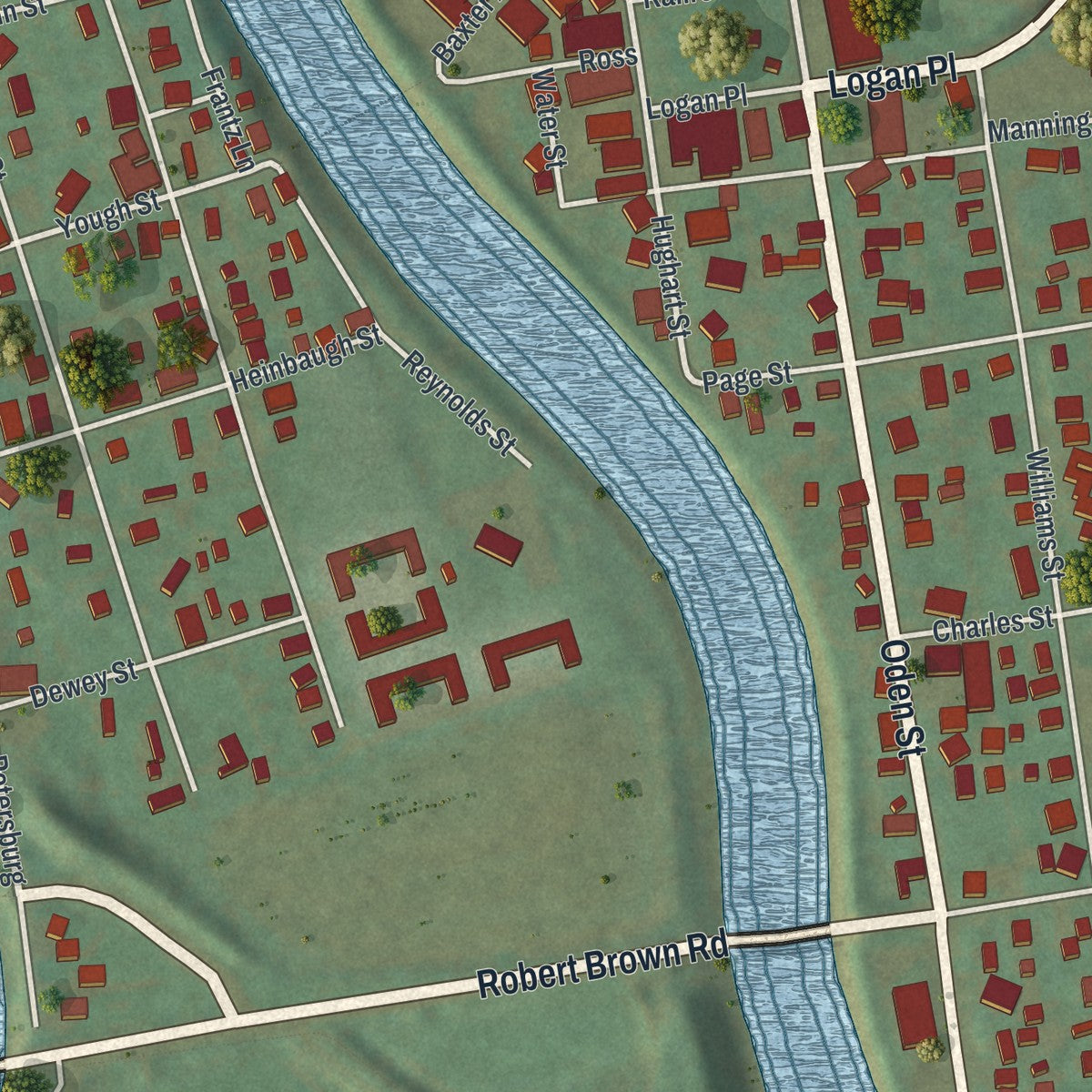Close-up of the map of Confluence, Pennsylvania print showing street and building detail