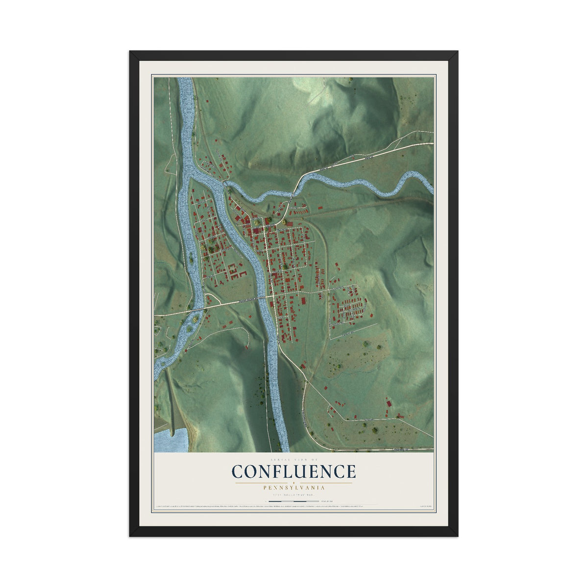 Map of Confluence, Pennsylvania, 12 x 18 inch print in a black wood frame