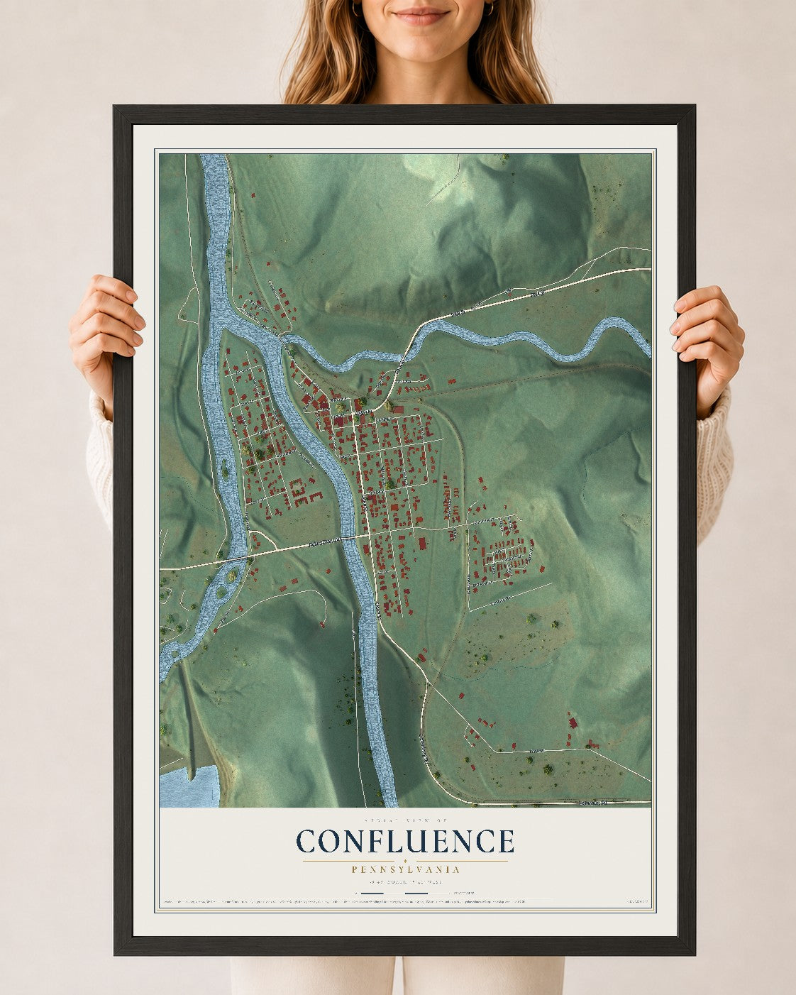 Map of Confluence, Pennsylvania, 24 x 36 inch print in a black wood frame