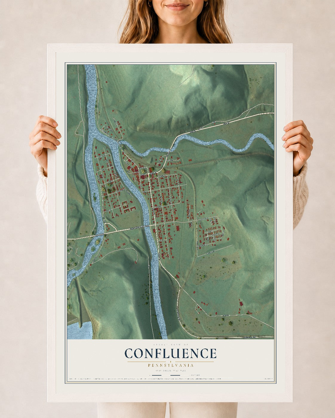 Map of Confluence, Pennsylvania, 24 x 36 inch print in a white wood frame