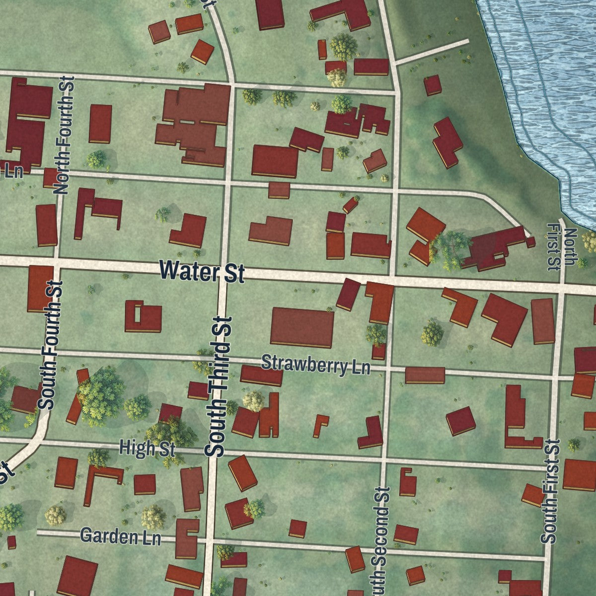 Close-up of the map of Conneaut Lake, Pennsylvania print showing street and building detail