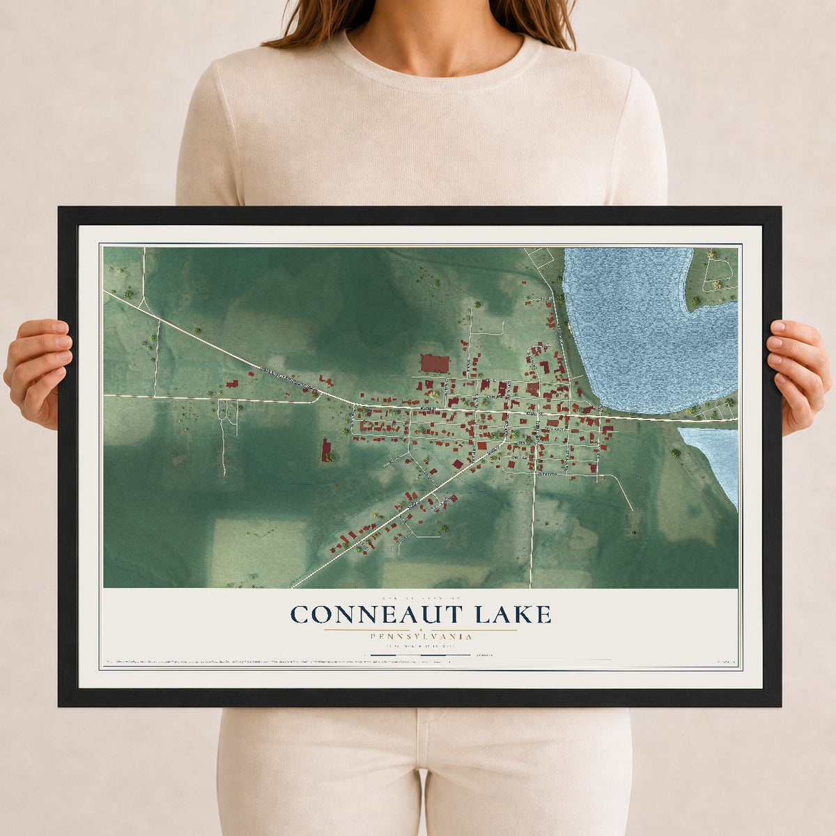 Map of Conneaut Lake, Pennsylvania, 12 x 18 inch print in a black wood frame