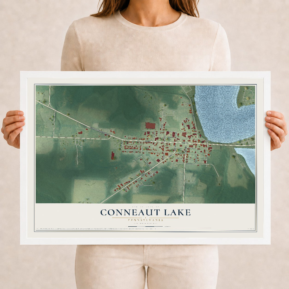 Map of Conneaut Lake, Pennsylvania, 12 x 18 inch print in a white wood frame