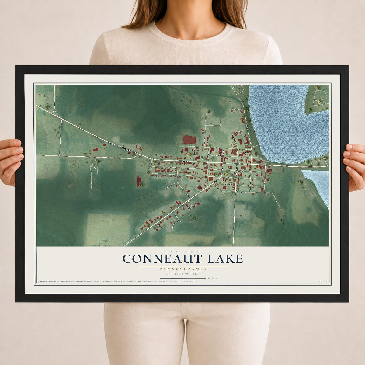 Map of Conneaut Lake, Pennsylvania, 18 x 24 inch print in a black wood frame