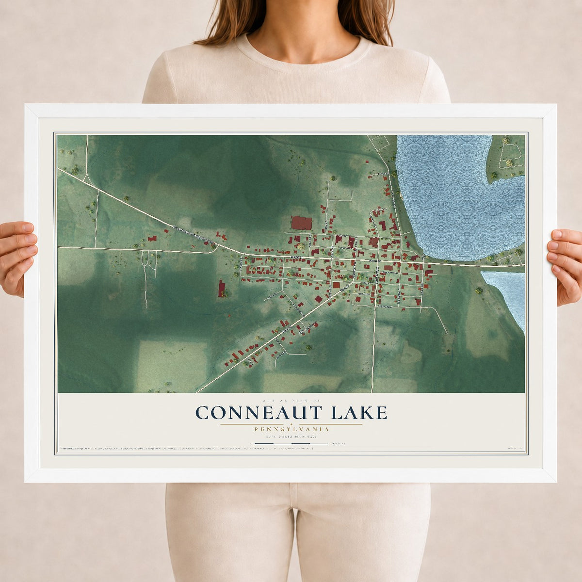 Map of Conneaut Lake, Pennsylvania, 18 x 24 inch print in a white wood frame
