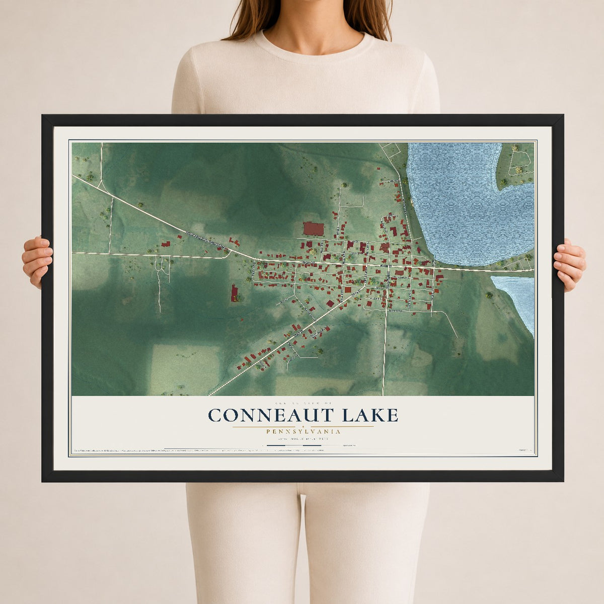 Map of Conneaut Lake, Pennsylvania, 24 x 36 inch print in a black wood frame