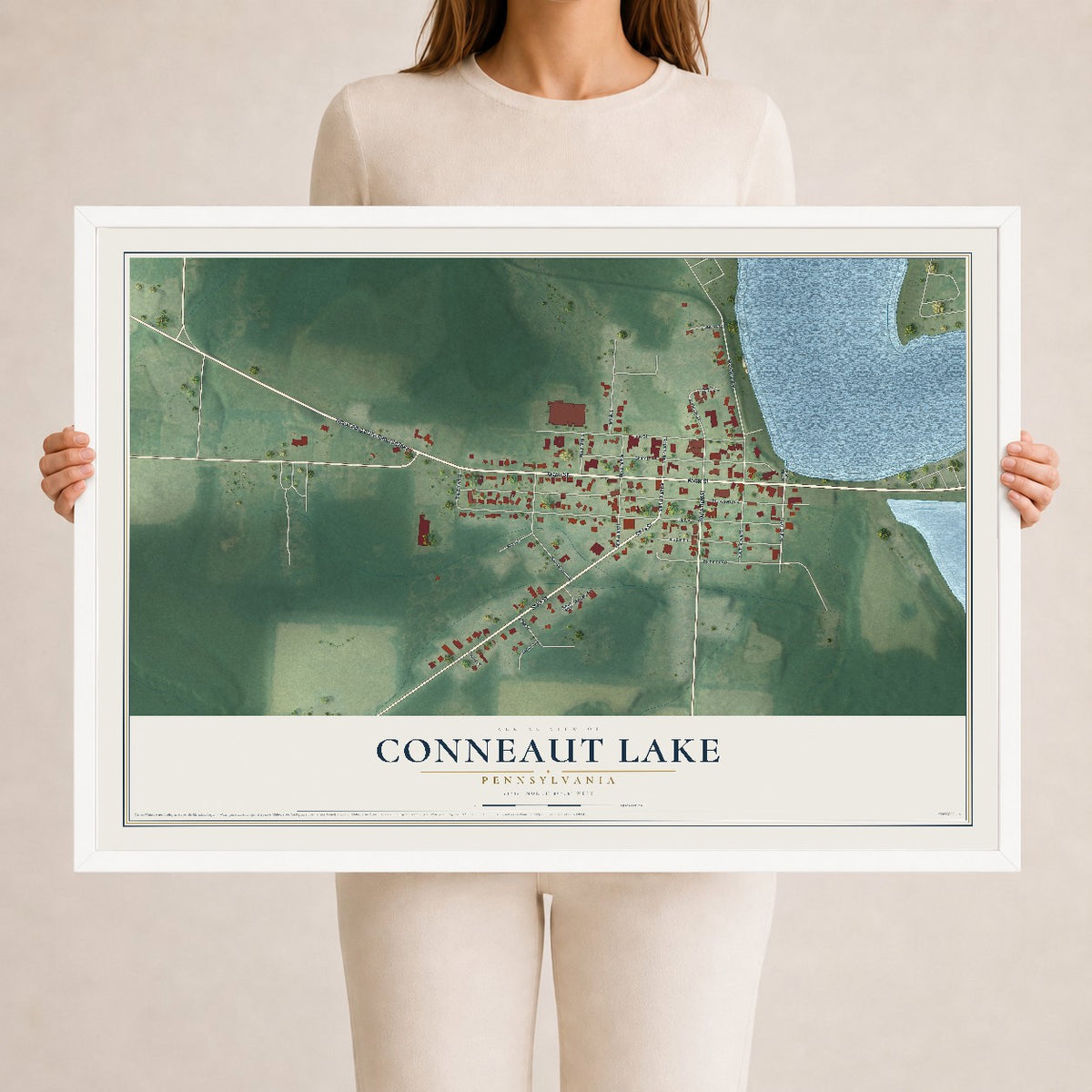 Map of Conneaut Lake, Pennsylvania, 24 x 36 inch print in a white wood frame