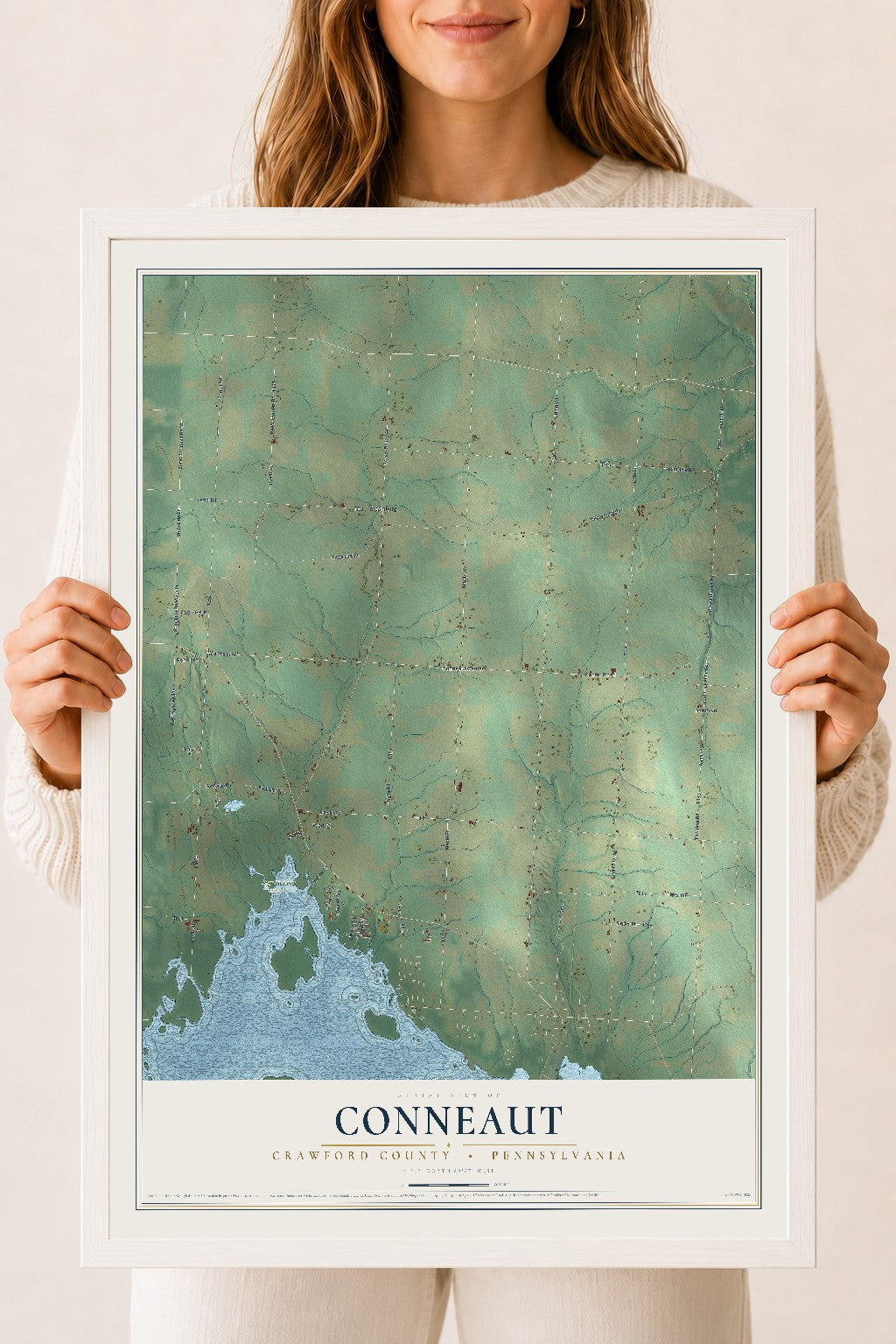 Map of Conneaut, Crawford County, Pennsylvania, 18 x 24 inch print in a white wood frame