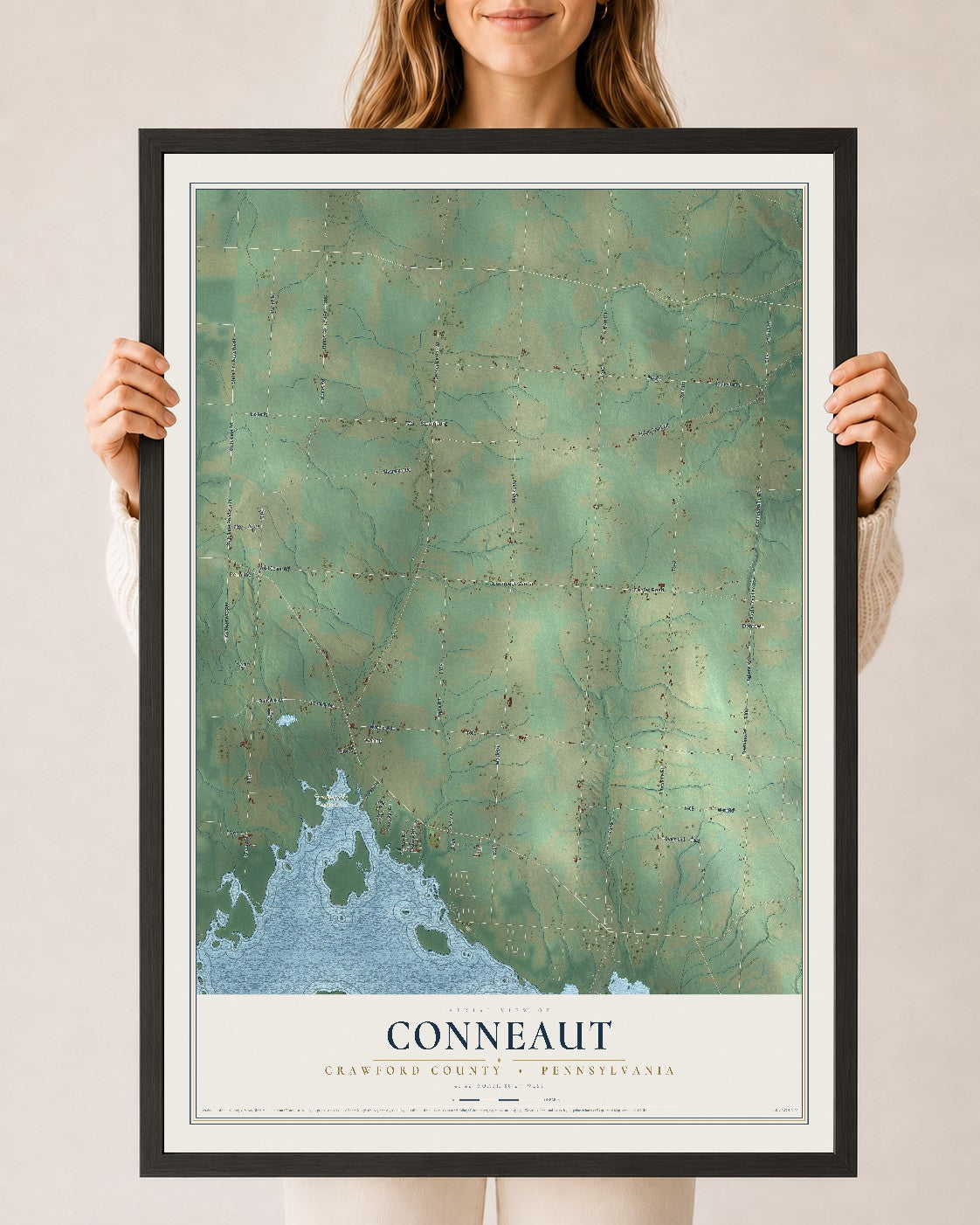 Map of Conneaut, Crawford County, Pennsylvania, 24 x 36 inch print in a black wood frame