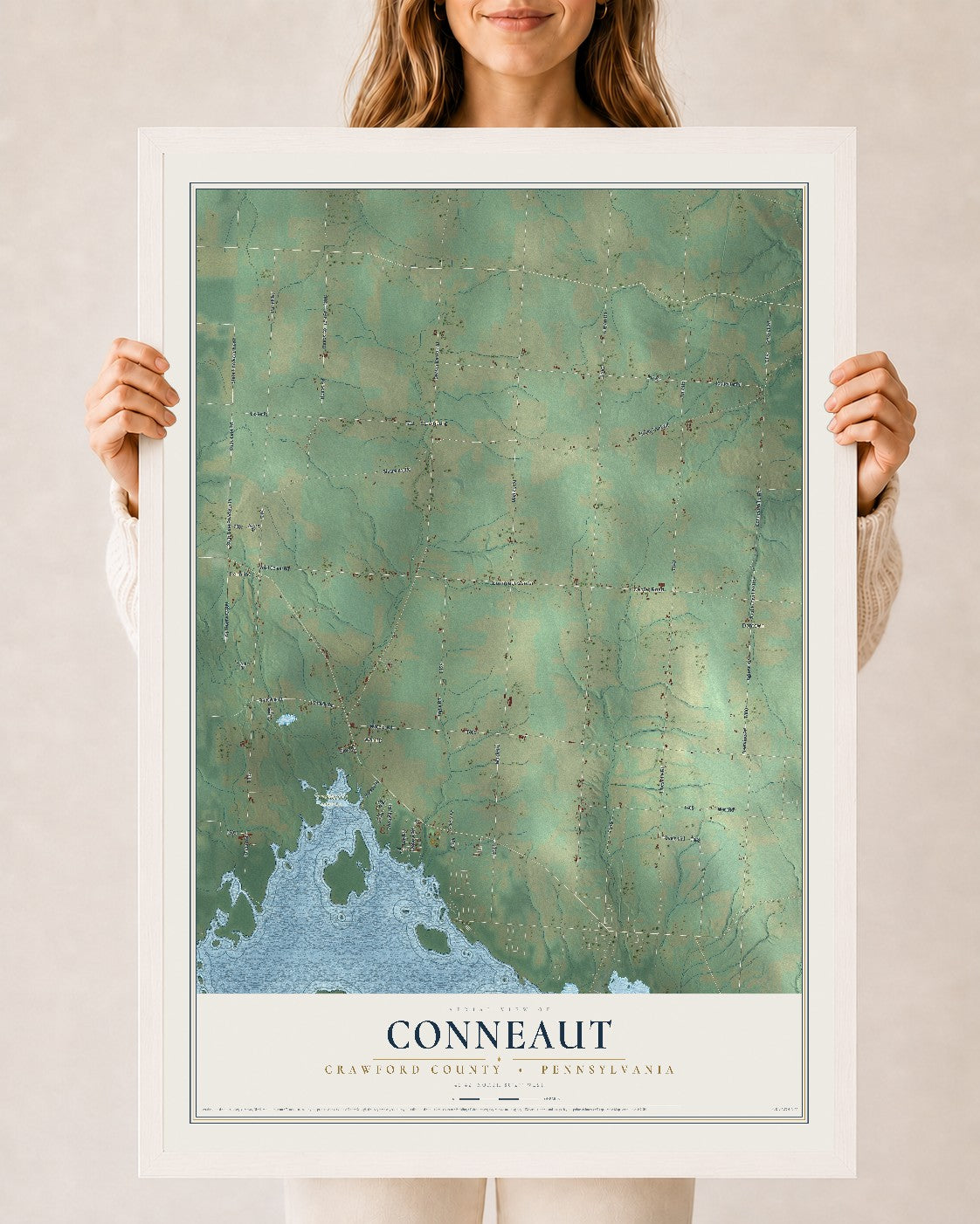 Map of Conneaut, Crawford County, Pennsylvania, 24 x 36 inch print in a white wood frame