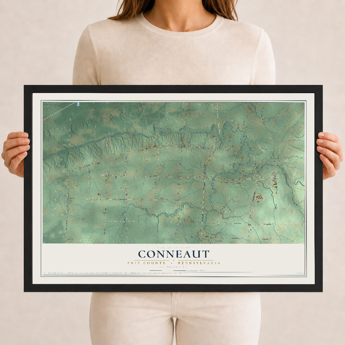 Map of Conneaut, Erie County, Pennsylvania, 12 x 18 inch print in a black wood frame