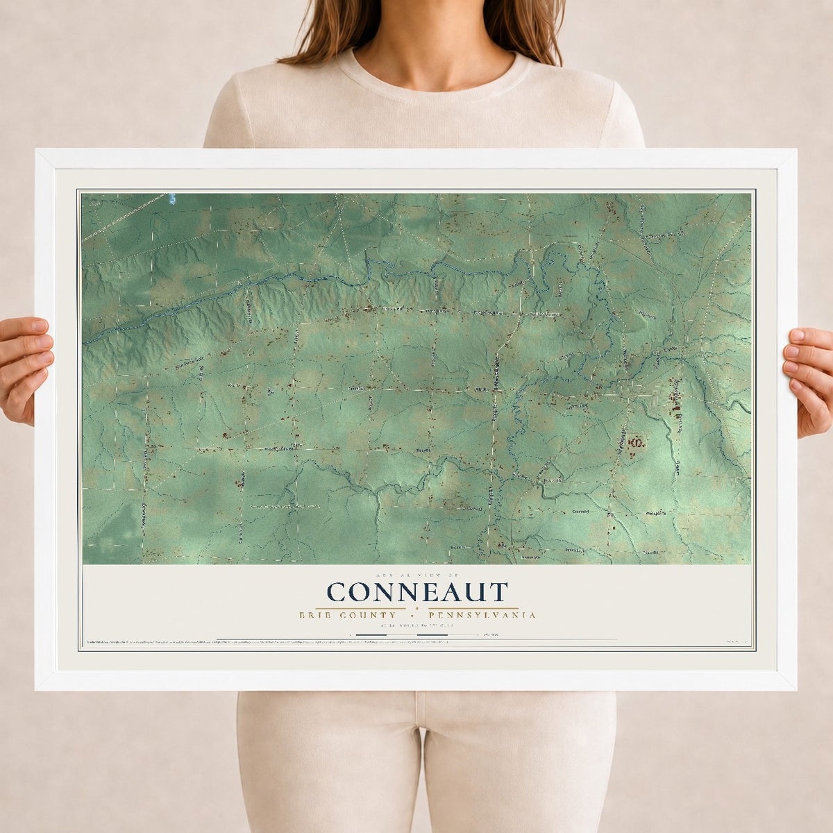 Map of Conneaut, Erie County, Pennsylvania, 18 x 24 inch print in a white wood frame