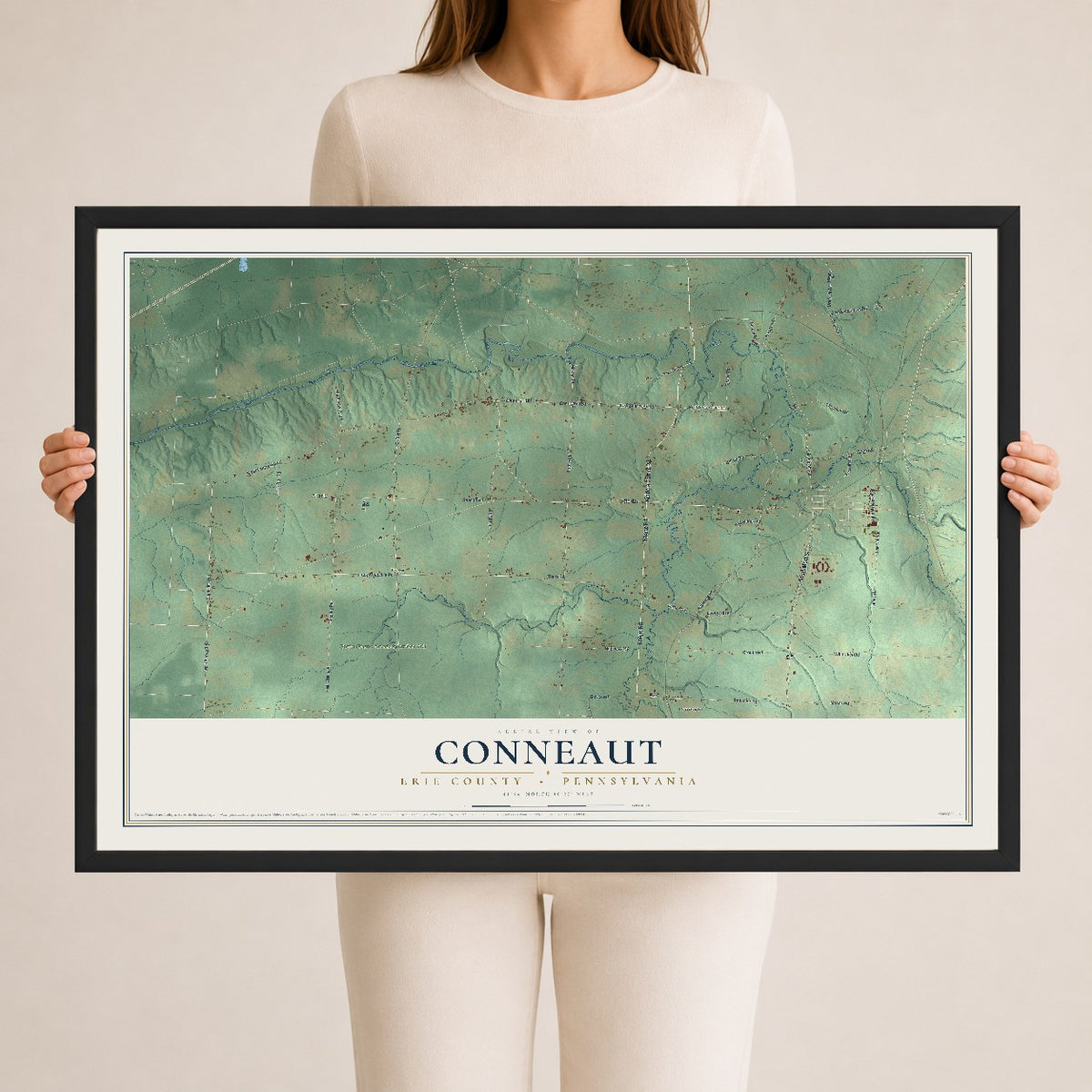 Map of Conneaut, Erie County, Pennsylvania, 24 x 36 inch print in a black wood frame