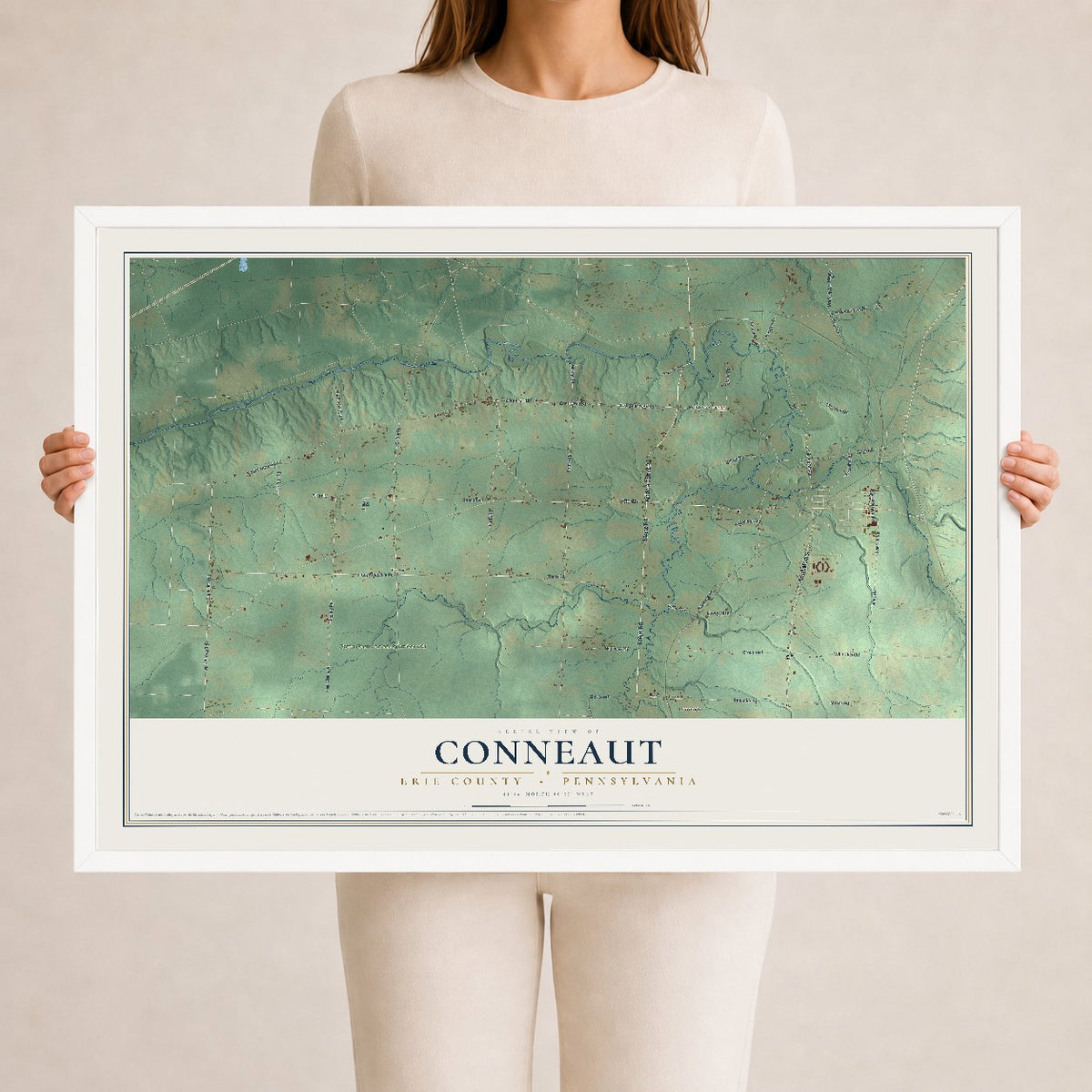 Map of Conneaut, Erie County, Pennsylvania, 24 x 36 inch print in a white wood frame