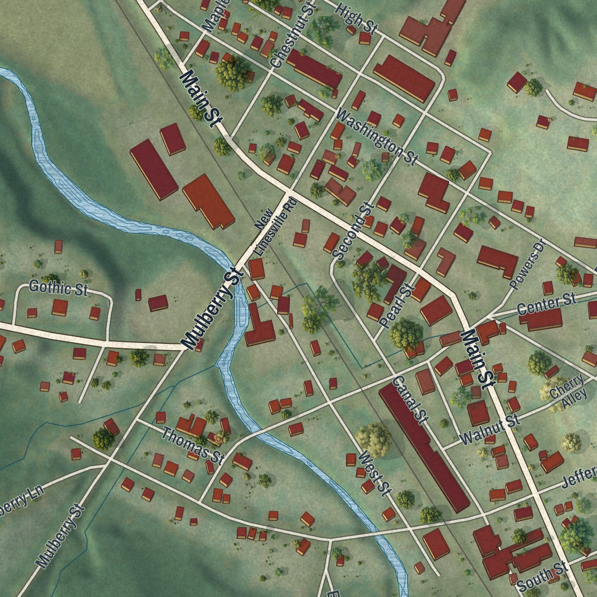 Close-up of the map of Conneautville, Pennsylvania print showing street and building detail