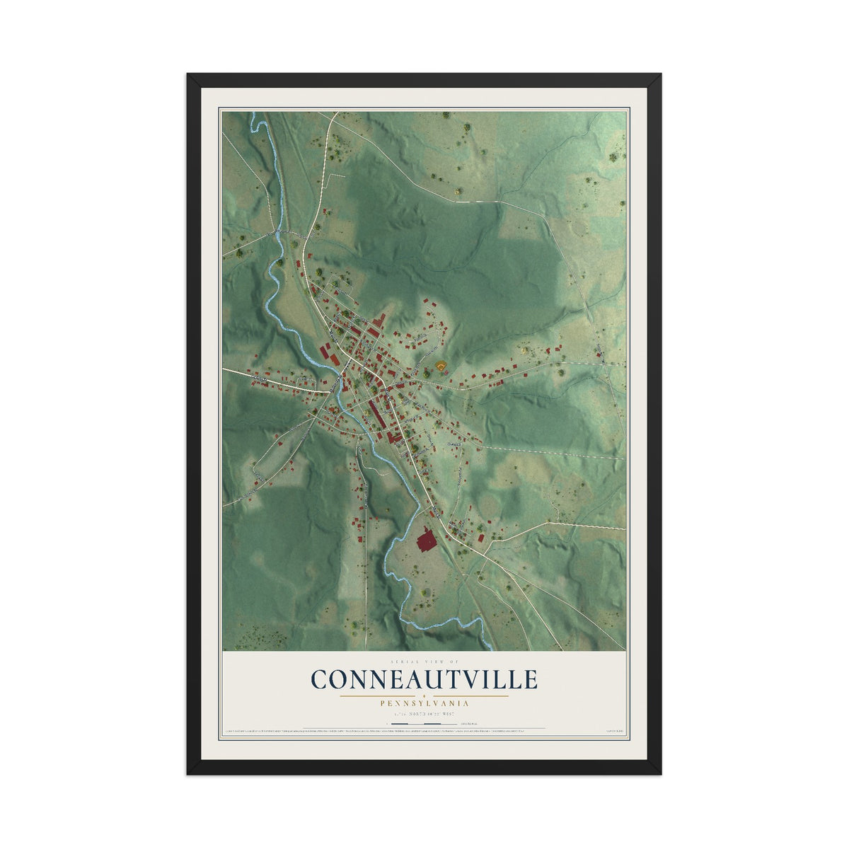 Map of Conneautville, Pennsylvania, 12 x 18 inch print in a black wood frame