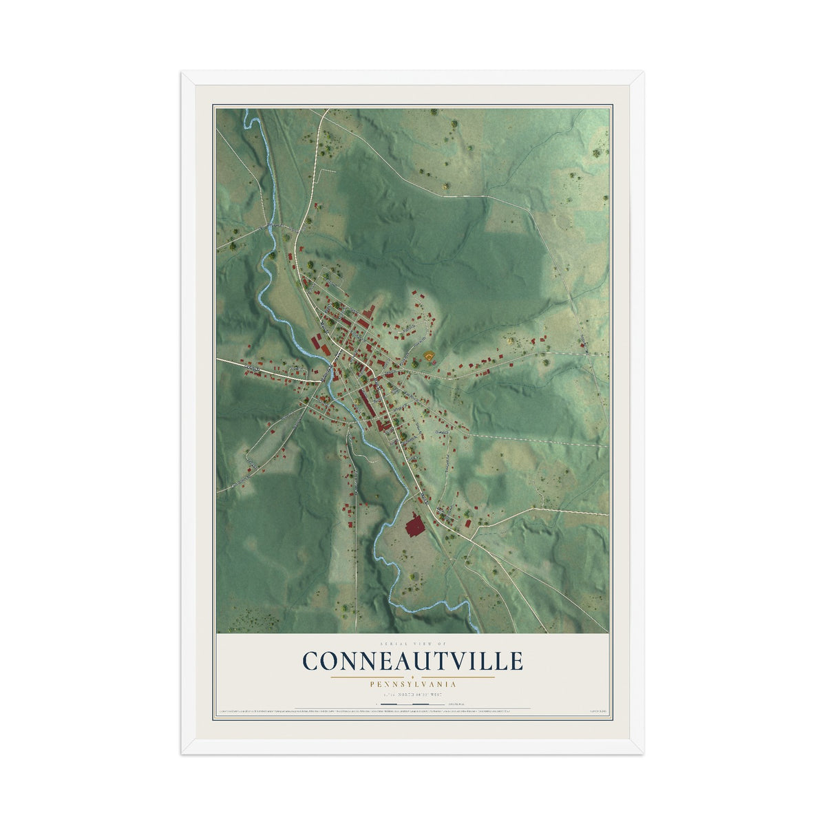 Map of Conneautville, Pennsylvania, 12 x 18 inch print in a white wood frame