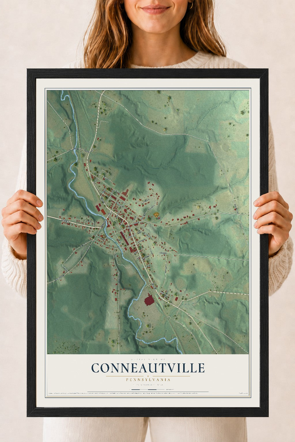 Map of Conneautville, Pennsylvania, 18 x 24 inch print in a black wood frame