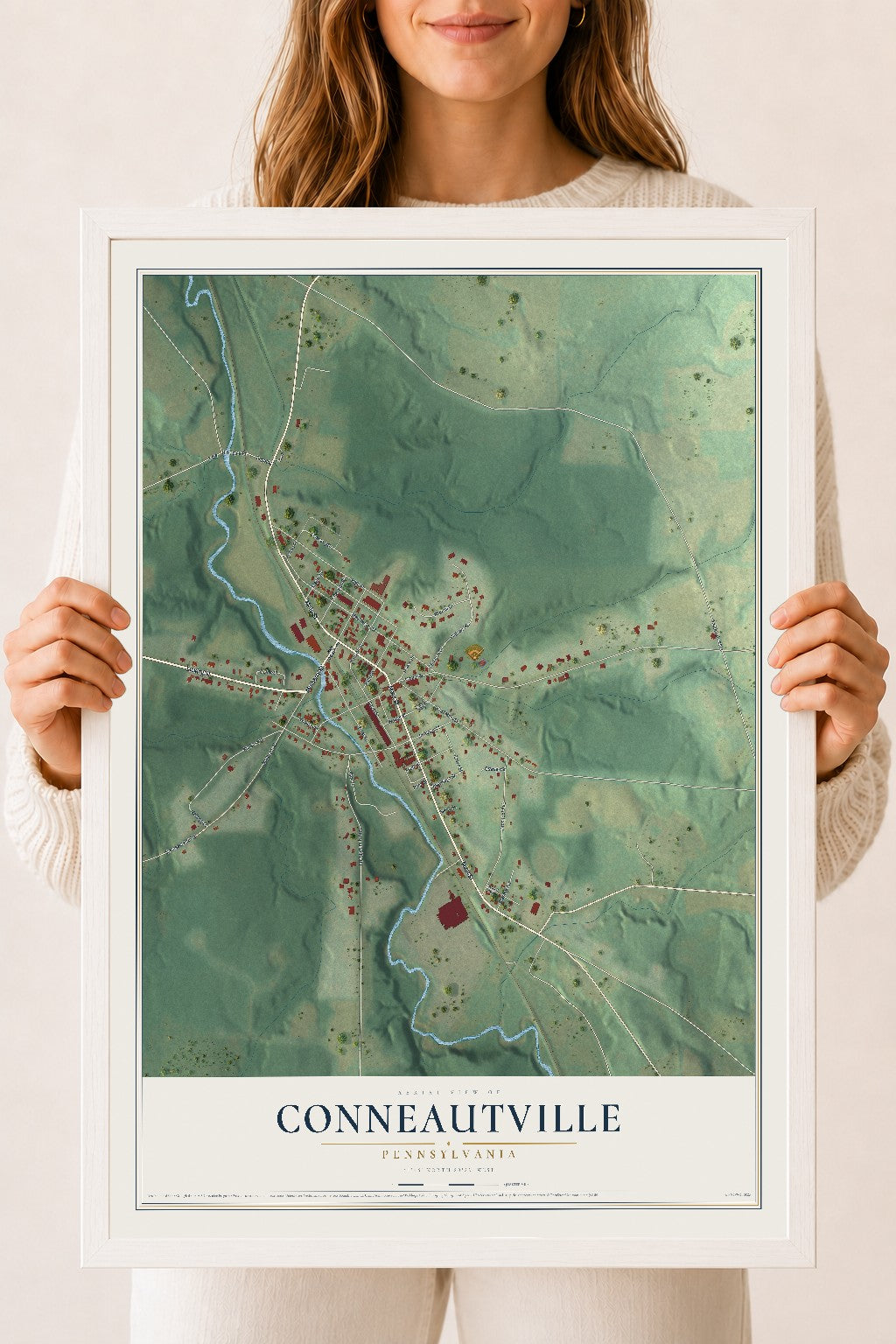 Map of Conneautville, Pennsylvania, 18 x 24 inch print in a white wood frame