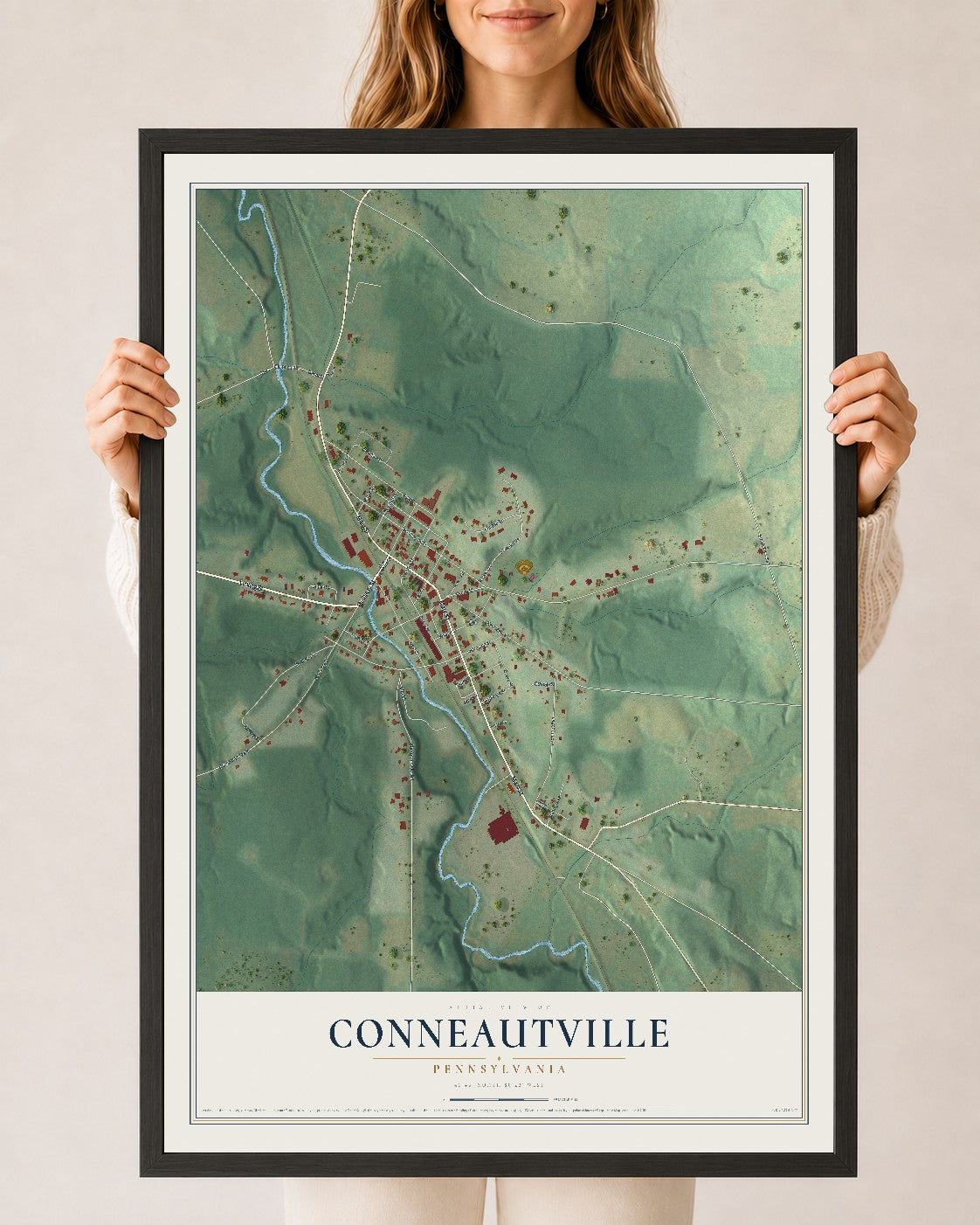 Map of Conneautville, Pennsylvania, 24 x 36 inch print in a black wood frame