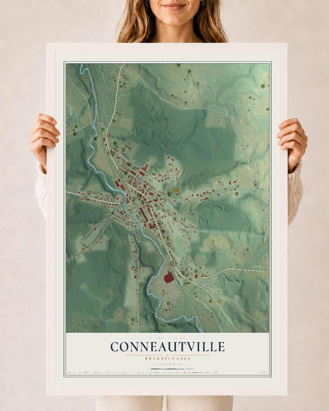 Map of Conneautville, Pennsylvania, 24 x 36 inch print in a white wood frame