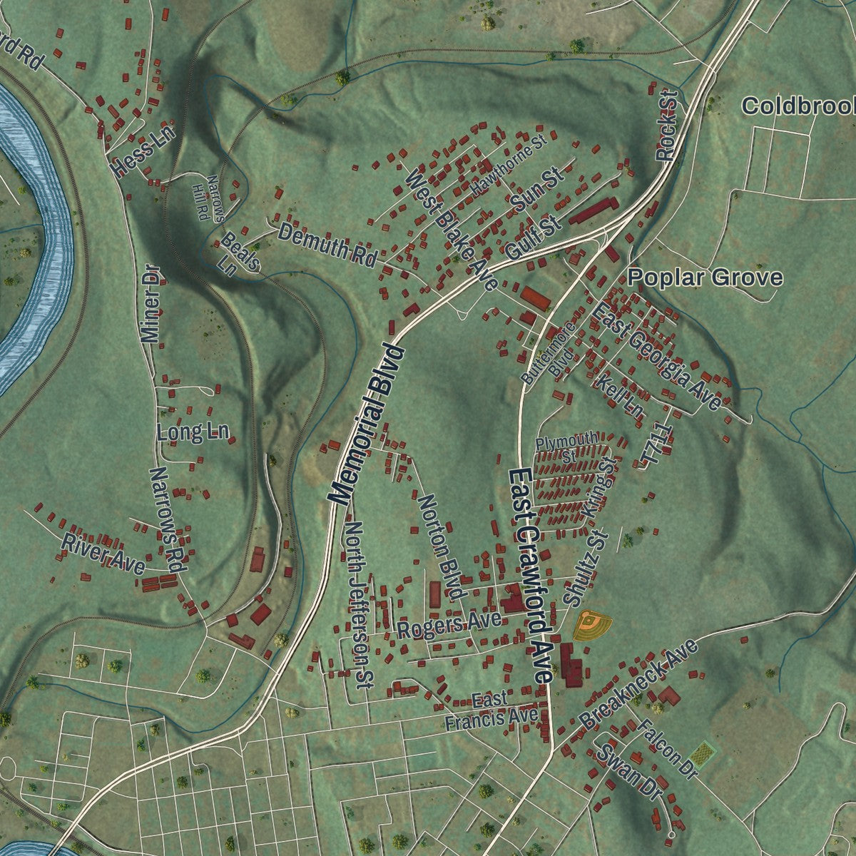 Close-up of the map of Connellsville, Fayette County, Pennsylvania print showing street and building detail