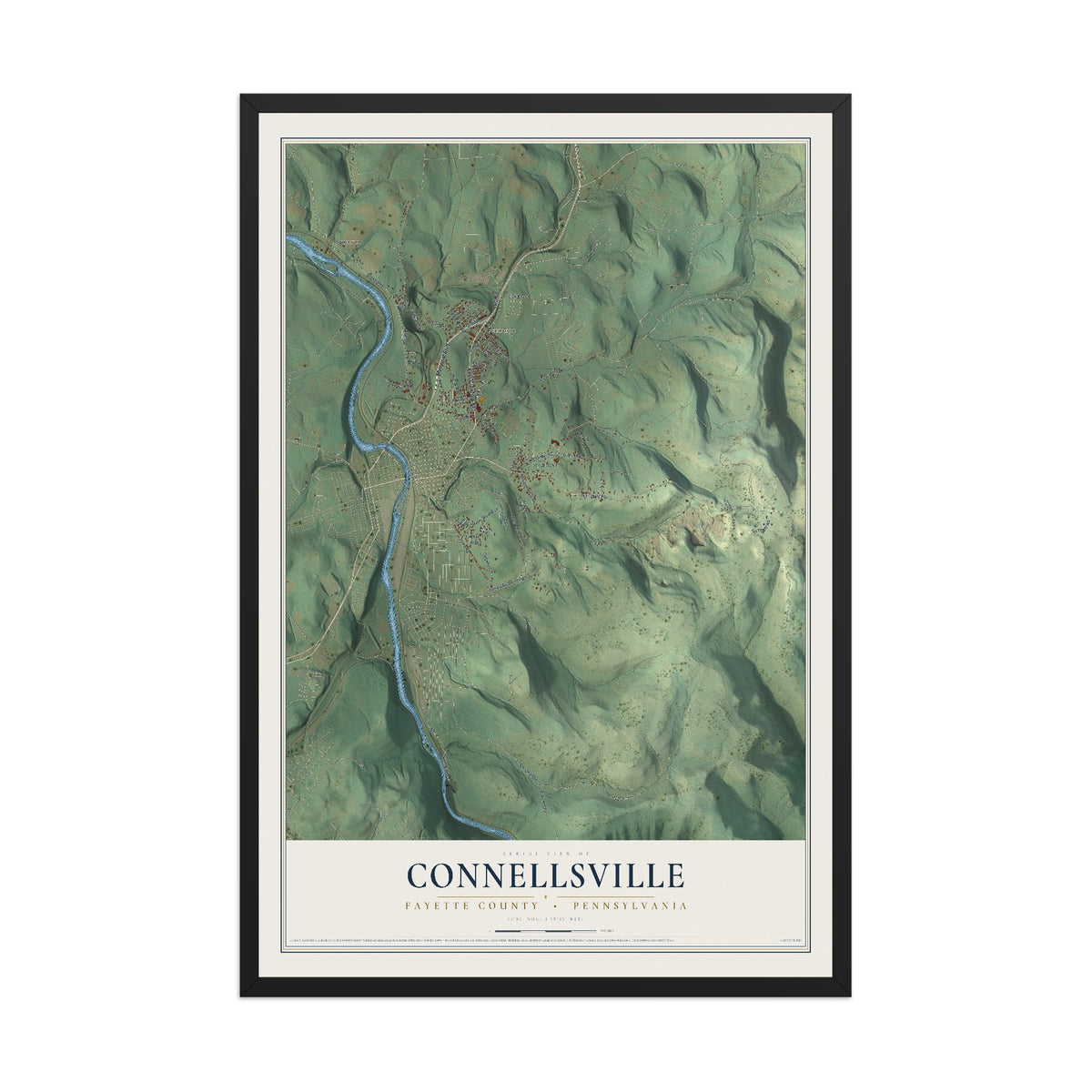 Map of Connellsville, Fayette County, Pennsylvania, 12 x 18 inch print in a black wood frame