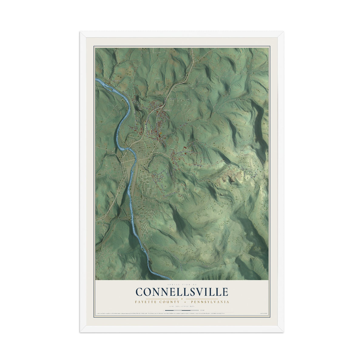 Map of Connellsville, Fayette County, Pennsylvania, 12 x 18 inch print in a white wood frame