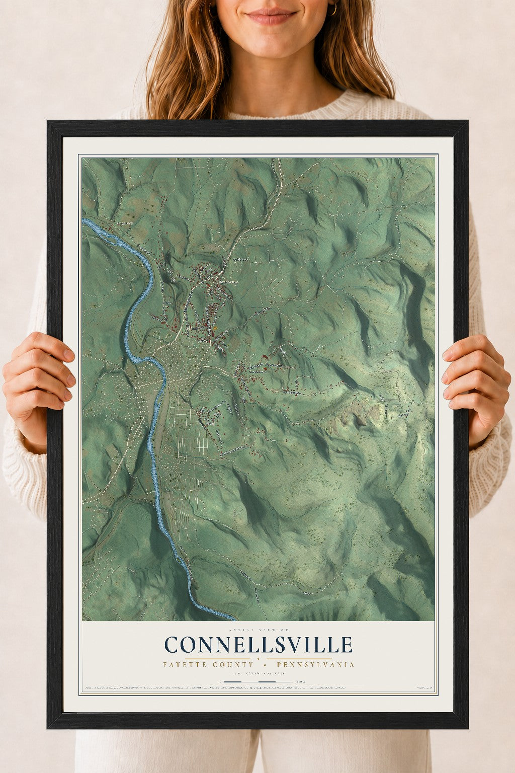 Map of Connellsville, Fayette County, Pennsylvania, 18 x 24 inch print in a black wood frame