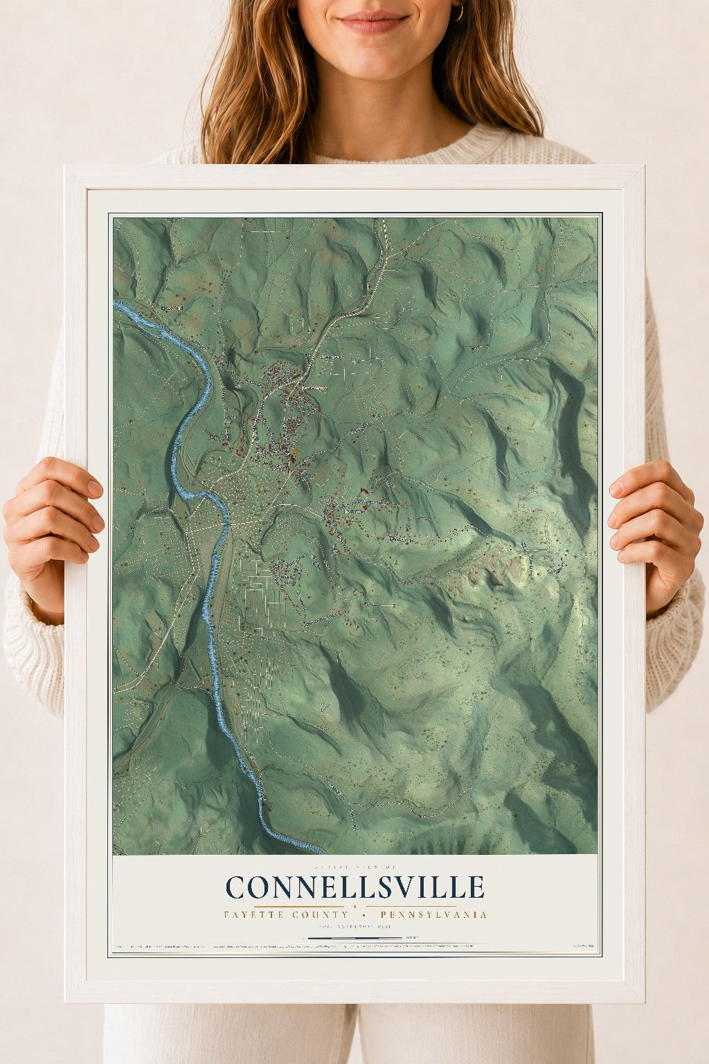 Map of Connellsville, Fayette County, Pennsylvania, 18 x 24 inch print in a white wood frame